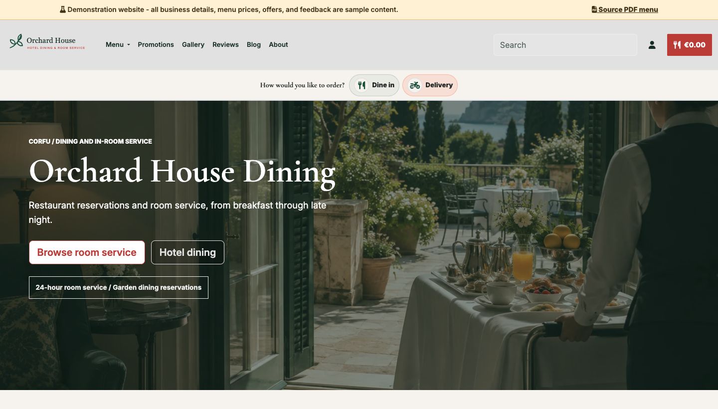 Hotel dining and room service — Demo website screenshot