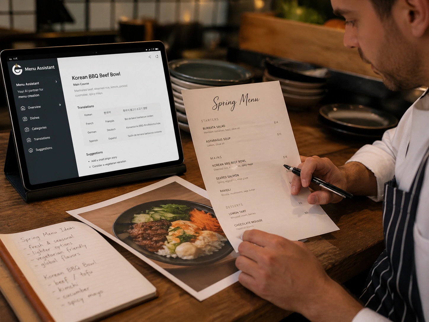 Restaurant manager preparing menu content with AI assistance.