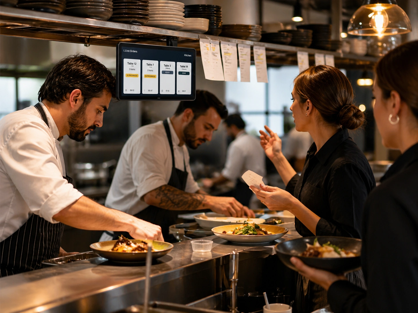 Restaurant kitchen screen showing live order statuses.