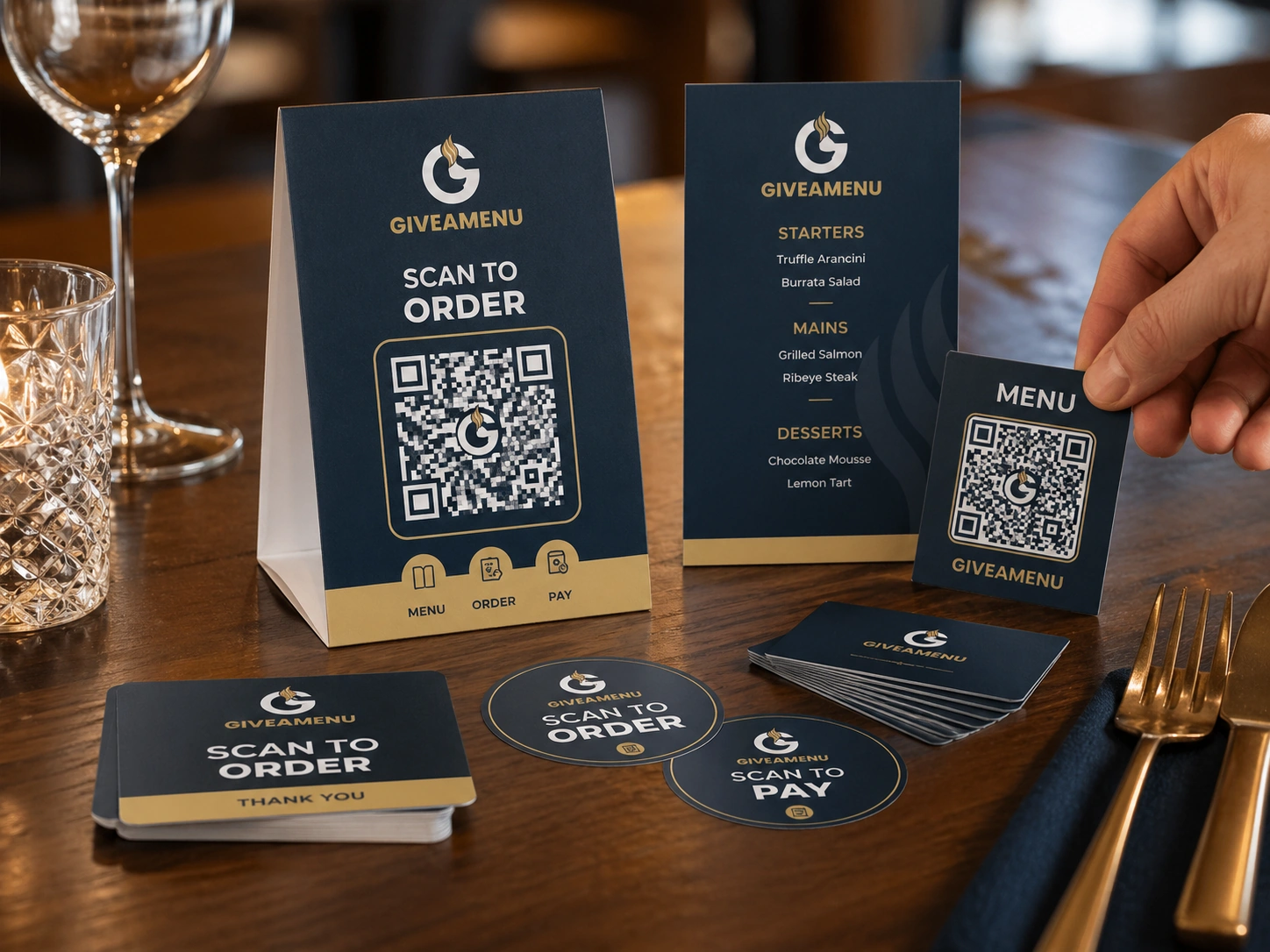 Printed restaurant QR table cards ready for service.