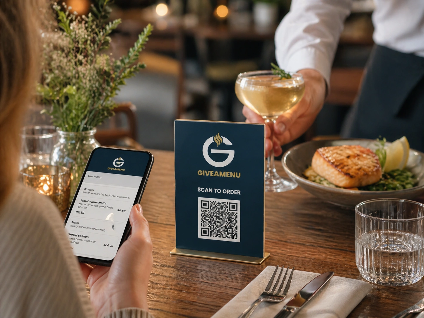 Restaurant table QR ordering card with a customer phone nearby.