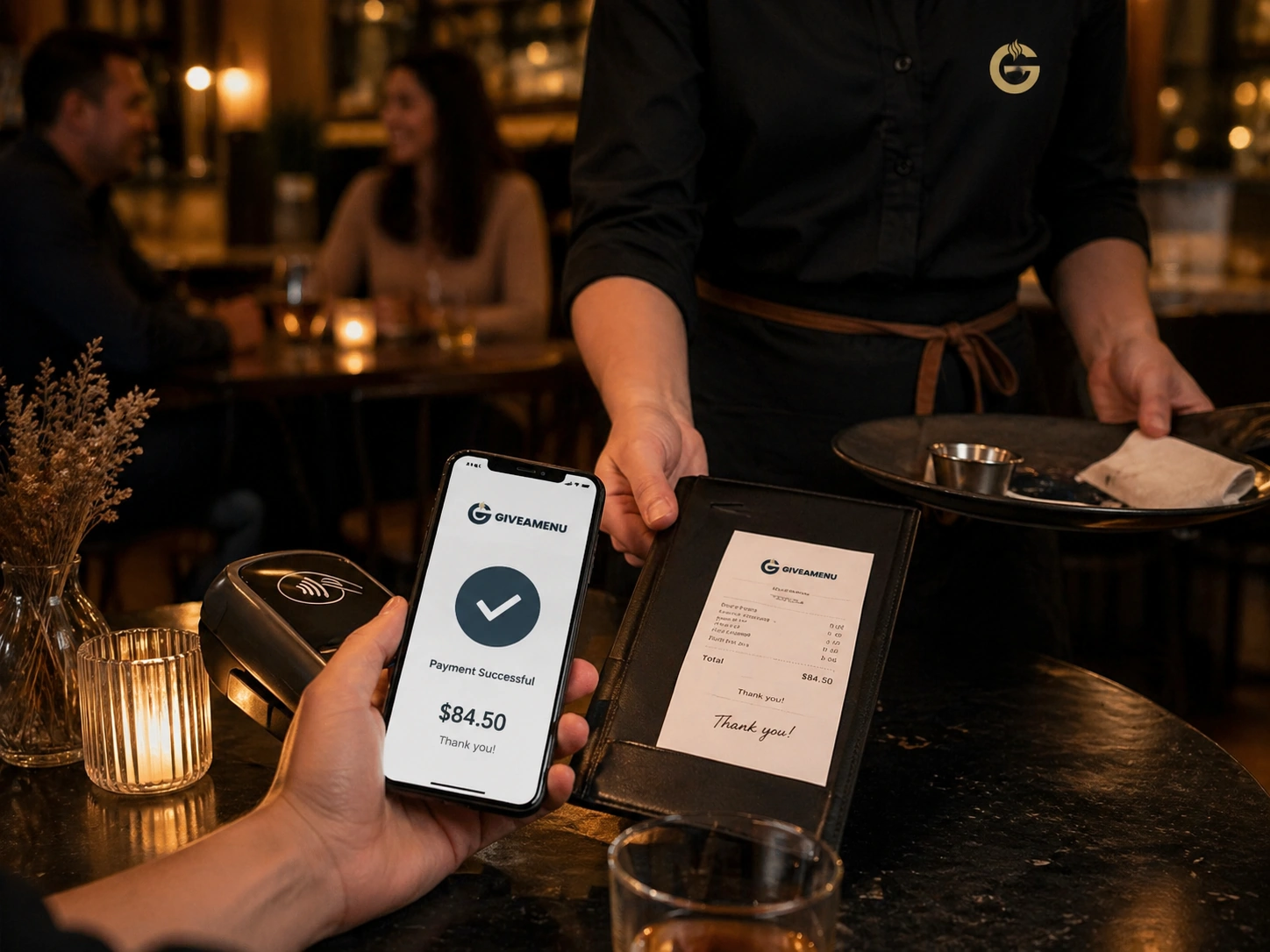Customer paying for a restaurant order on a phone.