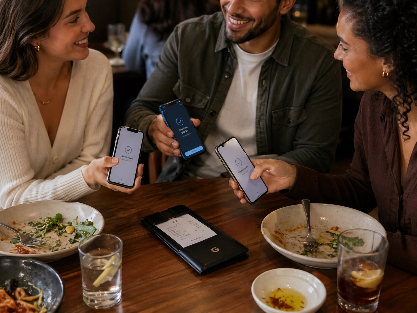 Friends splitting a restaurant bill from phones.