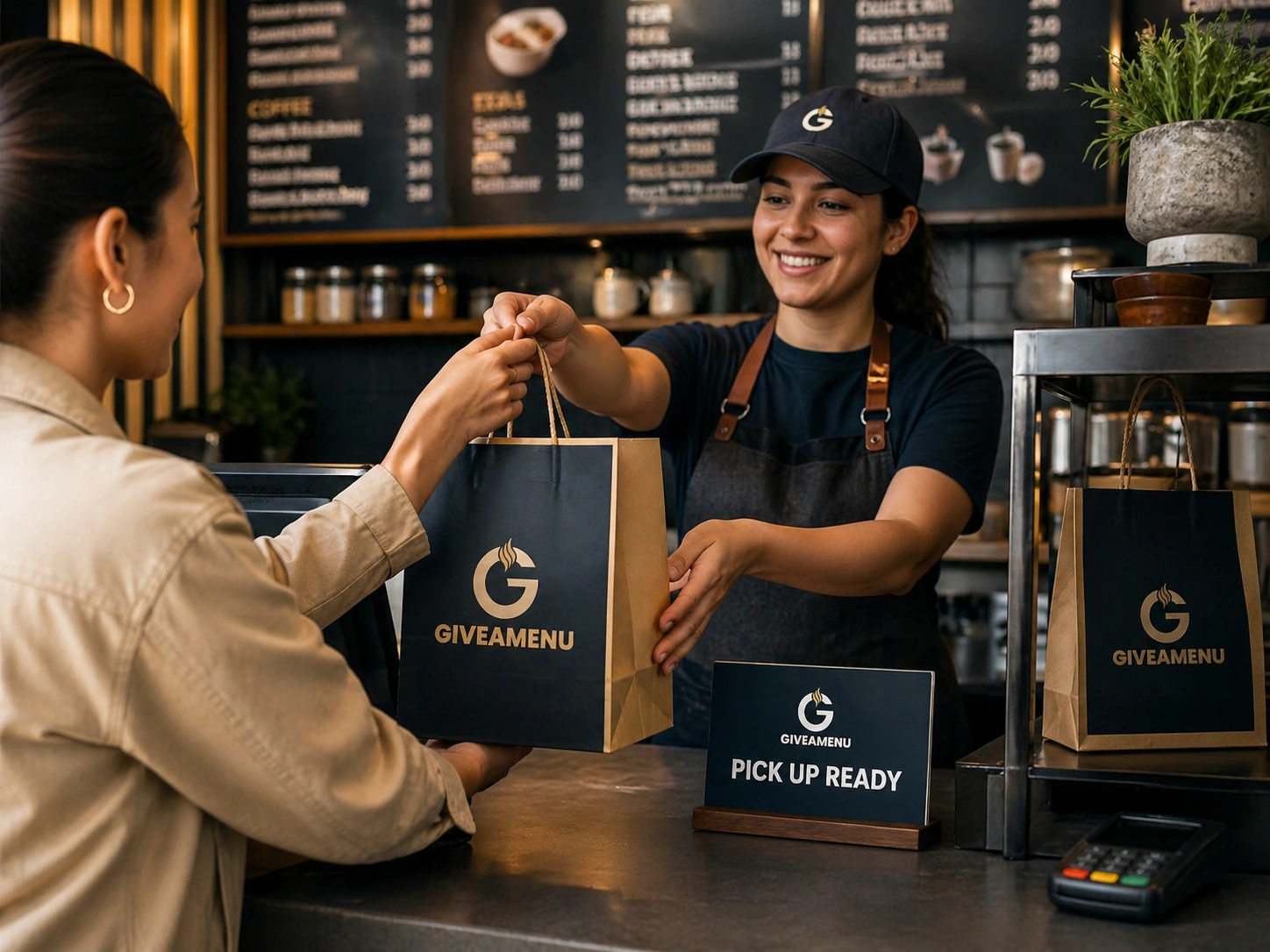 Customer collecting a takeaway order managed through Giveamenu.