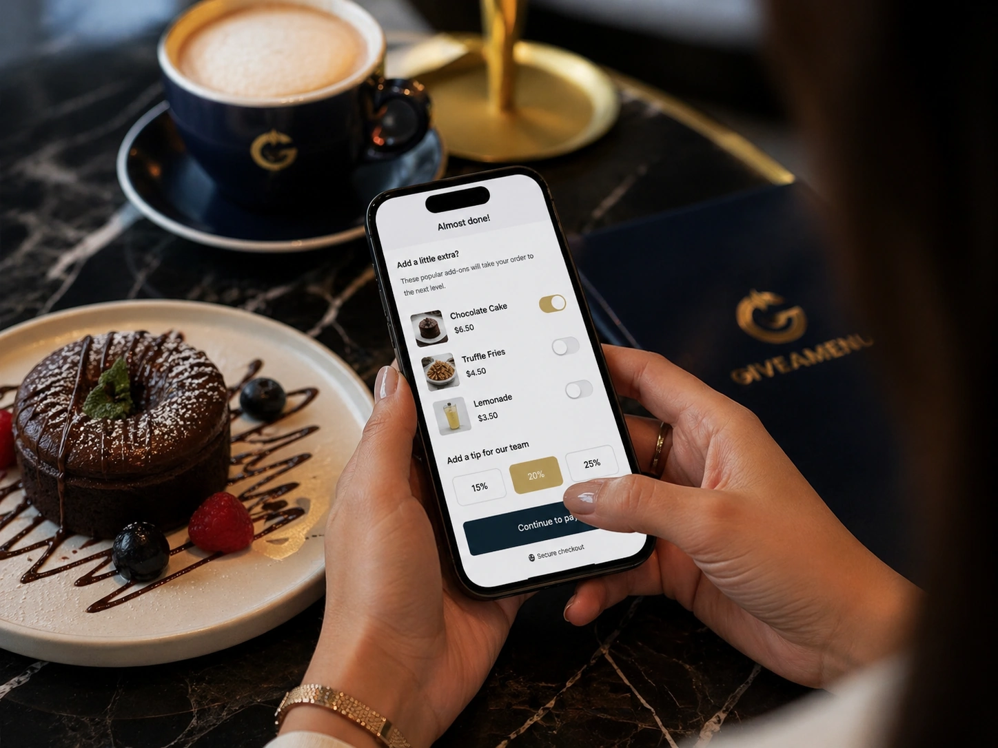 Restaurant customer choosing an add-on offer.