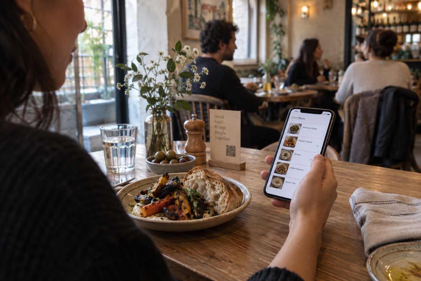 A guest browsing a menu on their phone at a cafe table